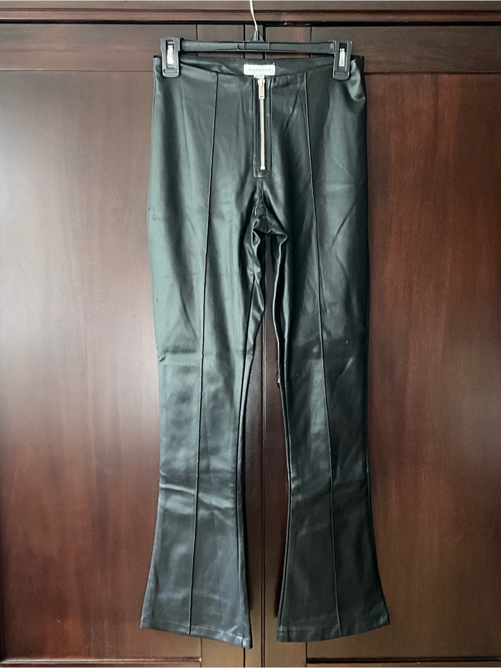 Topshop PETITE Black Faux Leather Flare Pants with Front Zip